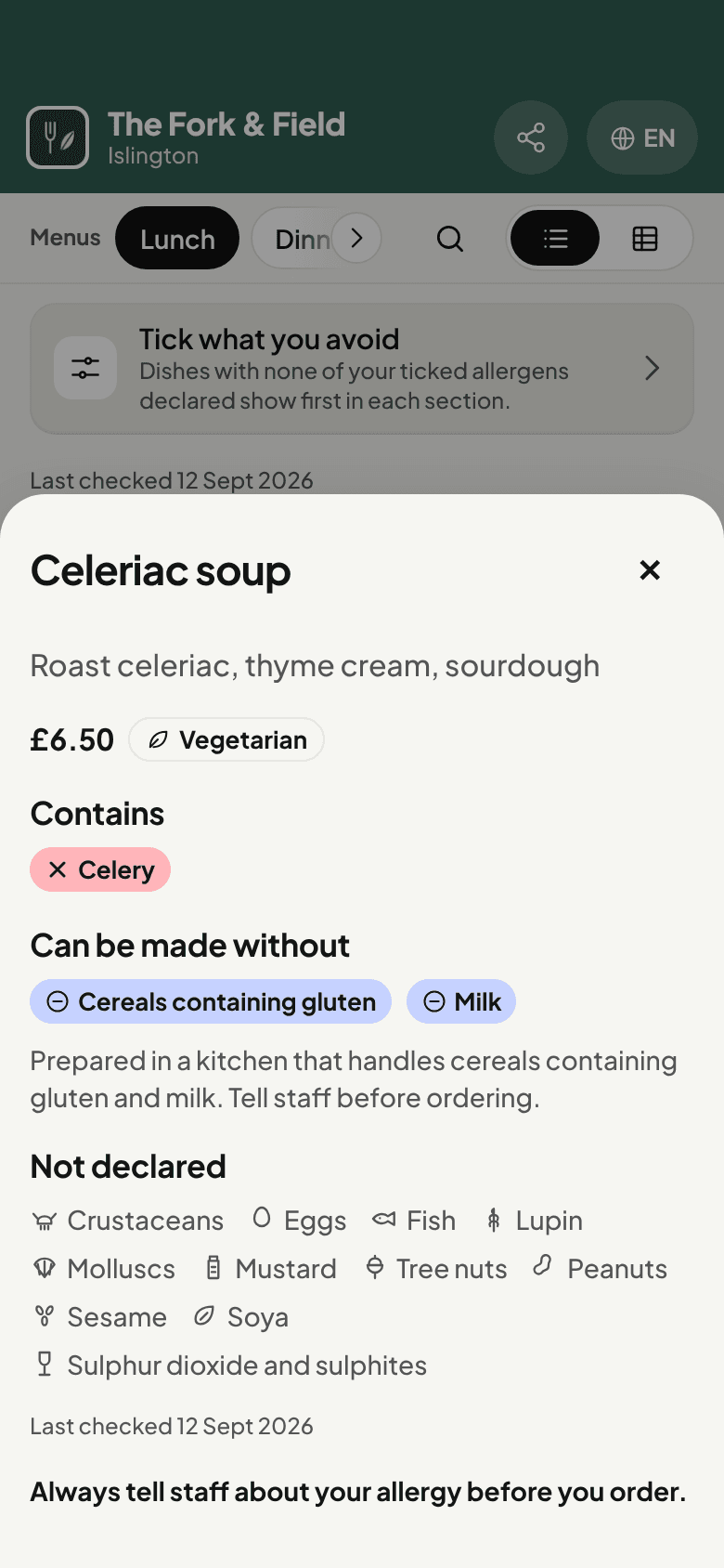 Every allergen, for every dish