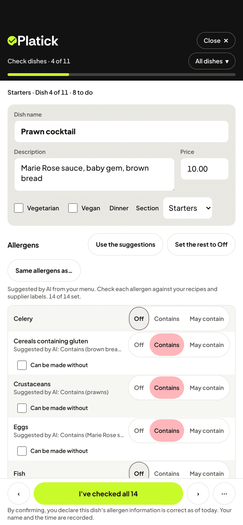 The dish-checking screen on a phone: Prawn cocktail with its 14 allergens set to Off, Contains or May contain, and an I've checked all 14 button