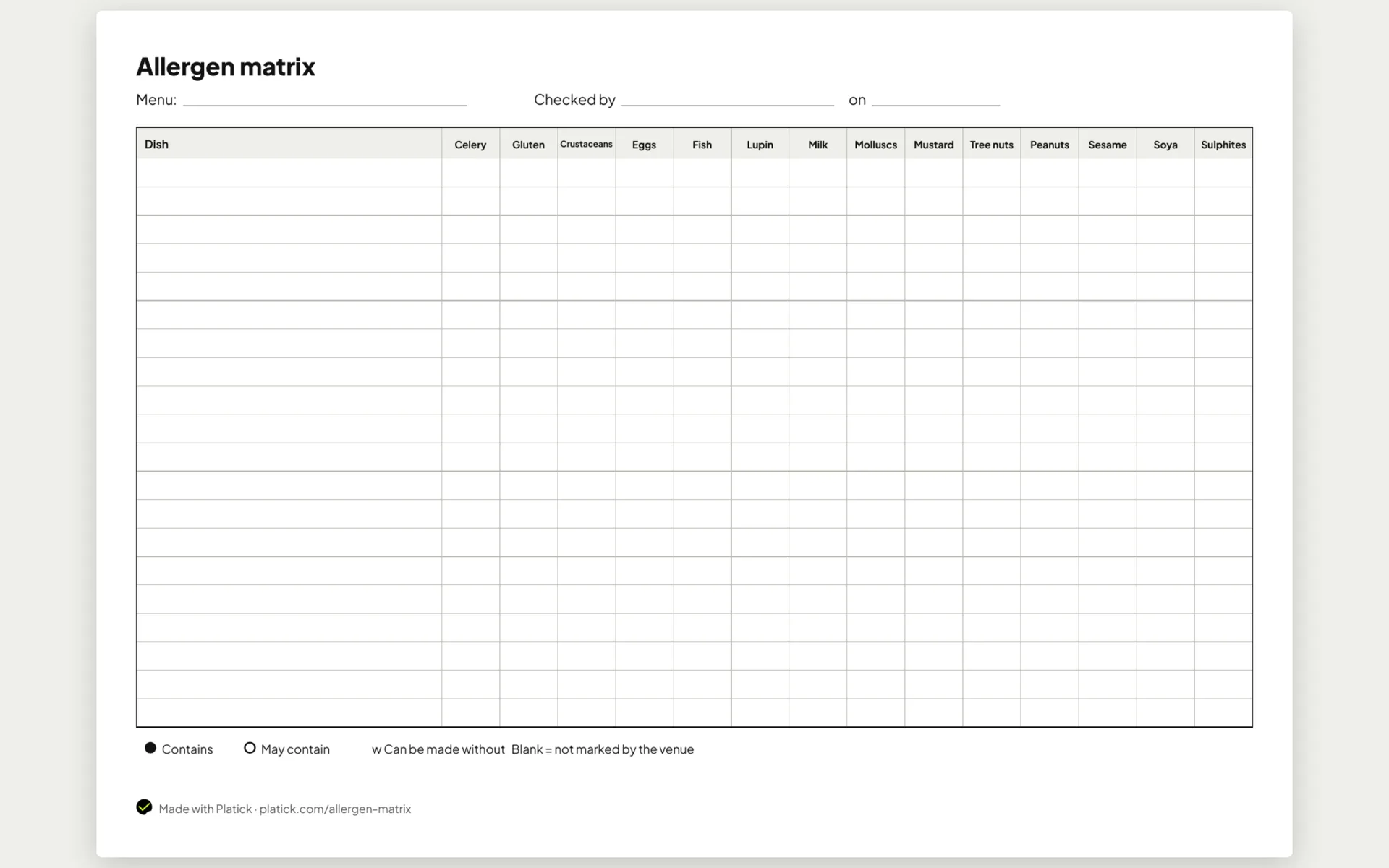 The free blank allergen matrix: an A4 landscape grid with the 14 allergen columns, a key and empty rows to fill in by hand