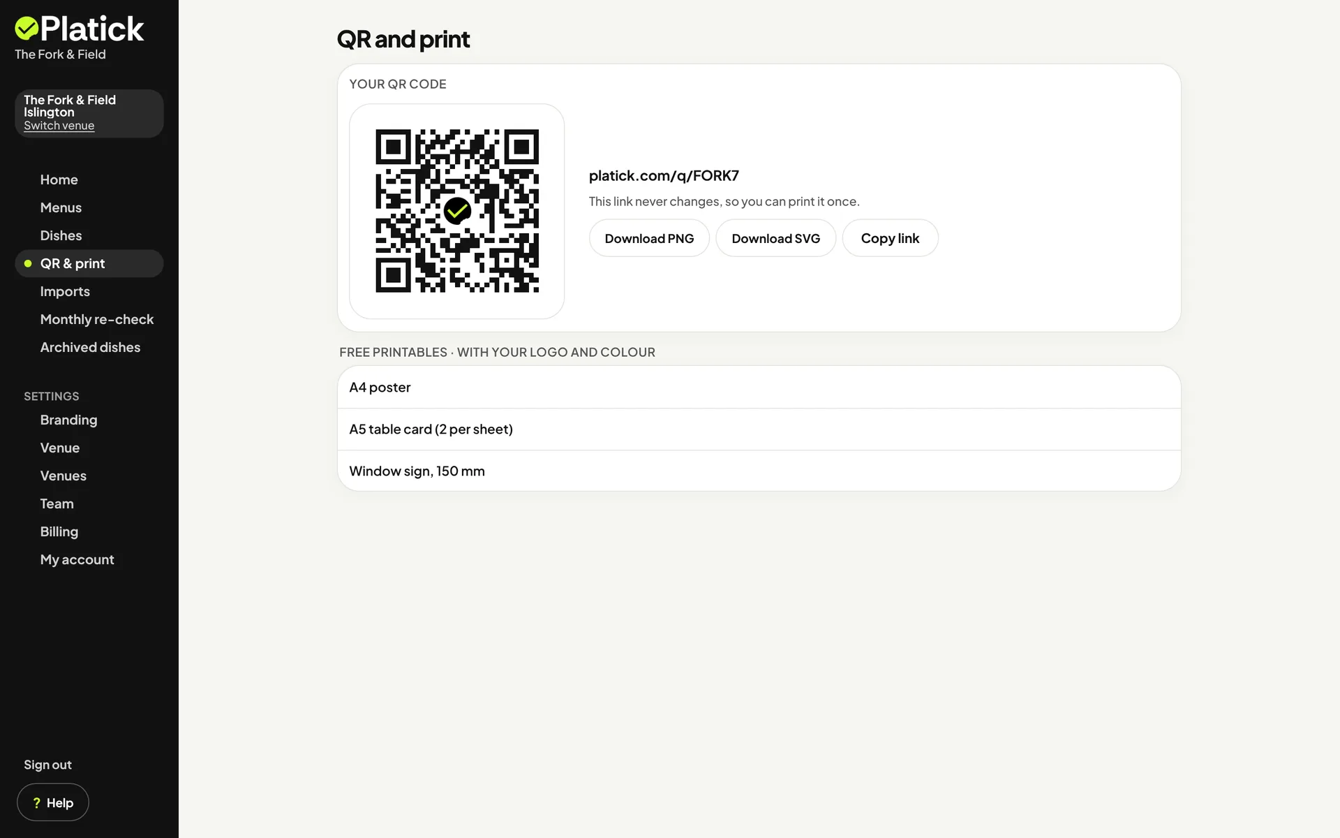 The QR and print page: the venue's QR code with its link, and a list of free printables with the logo and colour