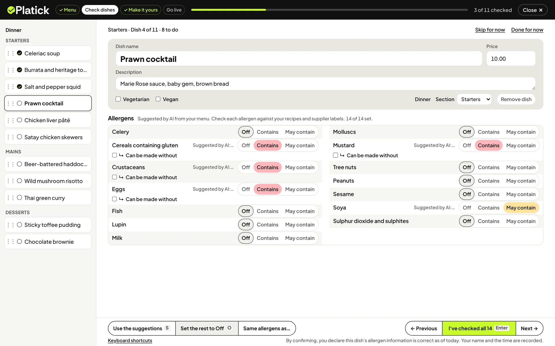 The dish-checking screen on a desktop: the whole dinner menu down the left, and Prawn cocktail open with its 14 allergens, the AI's suggestions marked and an I've checked all 14 button
